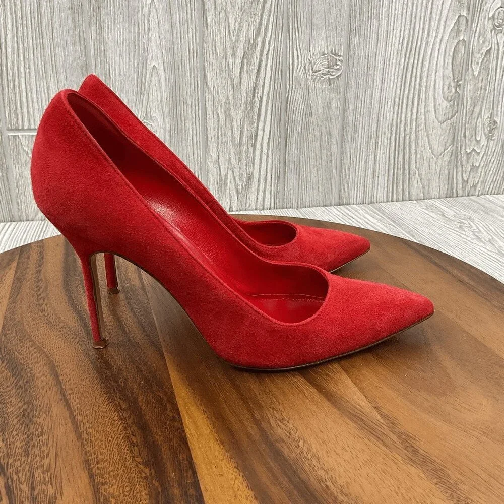 Manolo Blahnik BB 105 Red Suede Shoes Pumps Heels Pointed Toe